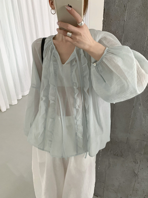 7米seven81629韩系正品百搭显瘦荷叶边防晒长袖衬衫女上衣舒适