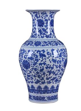 景德镇陶瓷中式青花瓷缠枝莲鱼尾瓶客厅酒店装饰品花瓶摆件