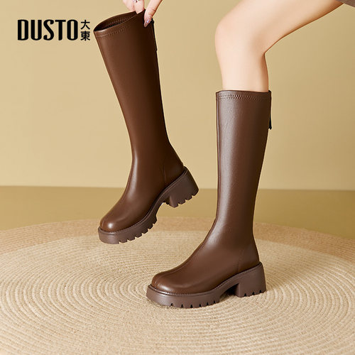 大东女靴骑士靴粗跟长靴圆头厚底