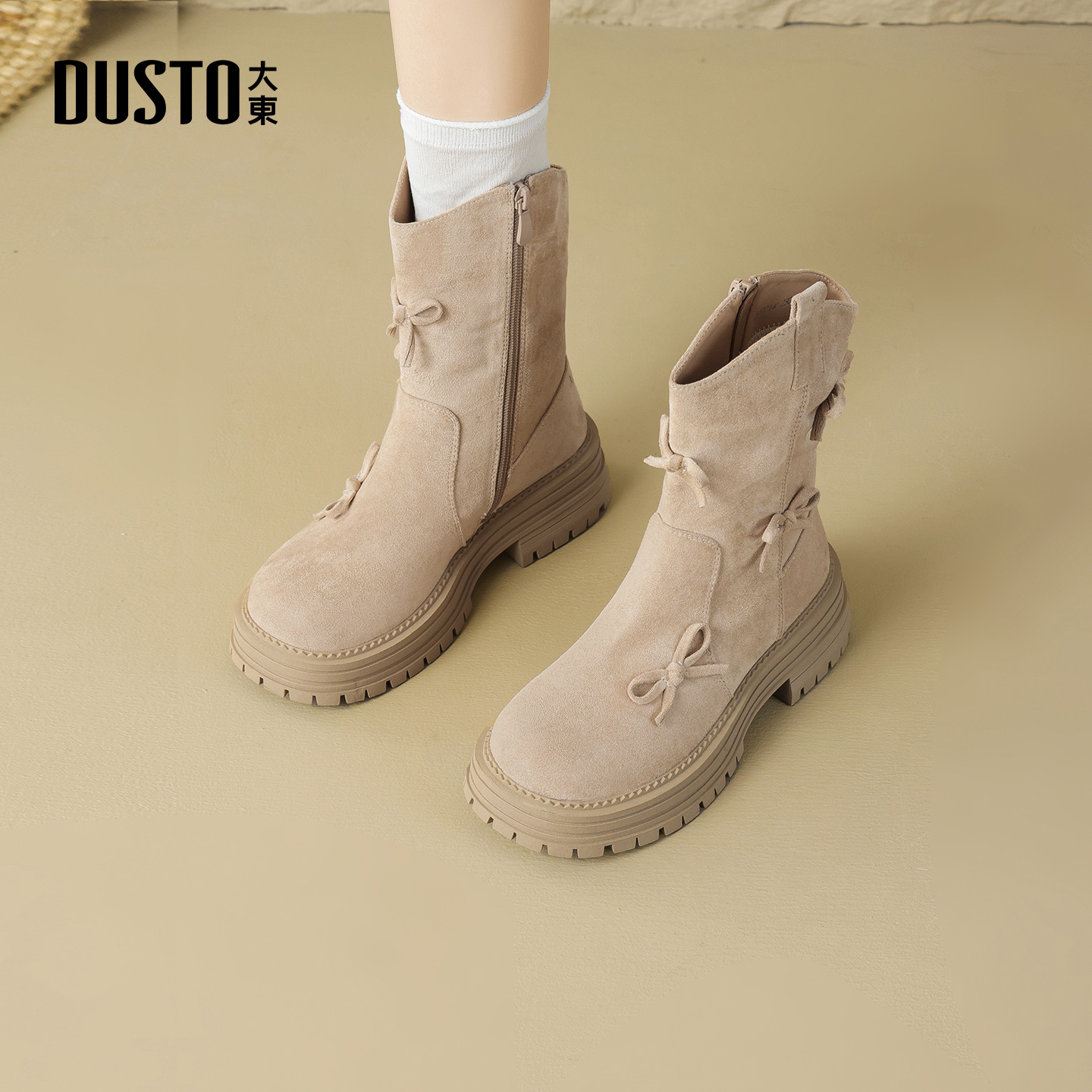 大东女靴时装靴圆头粗跟厚底蝴蝶