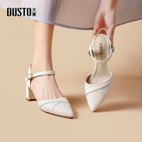 DUSTO大东粗跟PU尖头女凉鞋