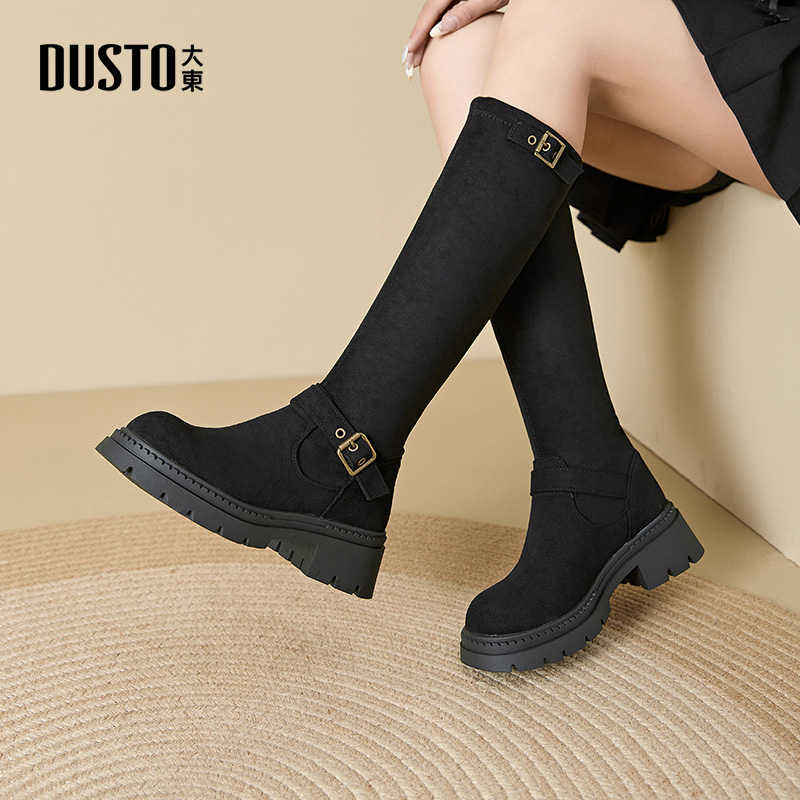 大东女靴长靴绒面长筒圆头复古风
