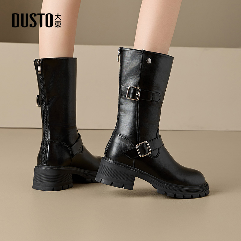 大东女靴中筒骑士靴宽筒粗跟厚底