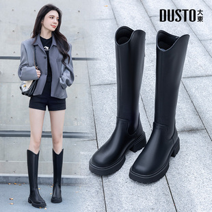 时尚 女鞋 潮流骑士靴中跟圆头长筒靴后拉链女长靴 新款 大东2025冬季