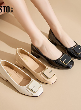 大东通勤鞋女鞋2025秋季新款优雅女单鞋方跟低跟方头套脚简约0076