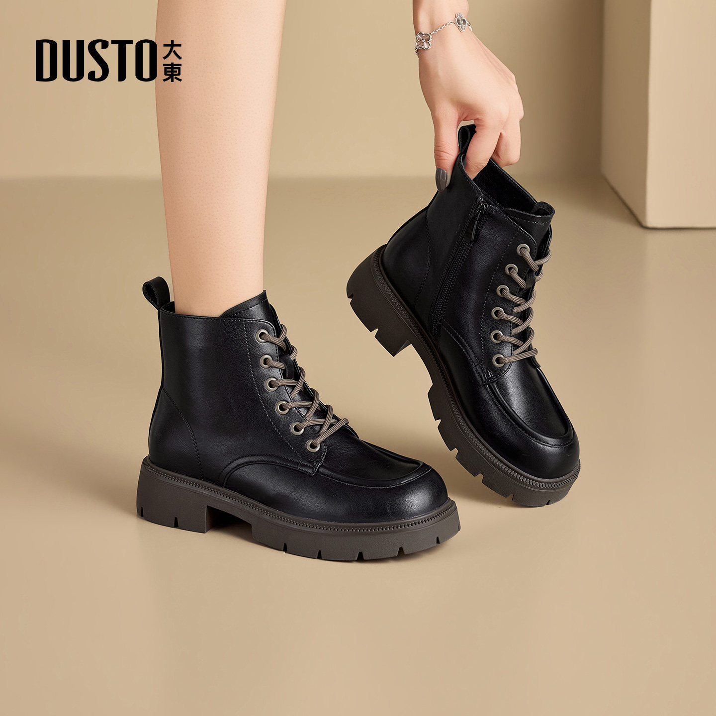 大东女鞋马丁靴2025冬季新款时尚百搭侧拉链加绒保暖粗跟圆头短靴
