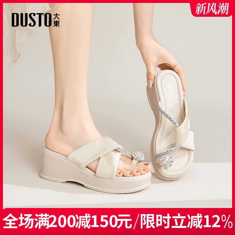 大东女鞋拖鞋2025夏季新款新中式厚底松糕女凉鞋外穿水钻百搭高跟