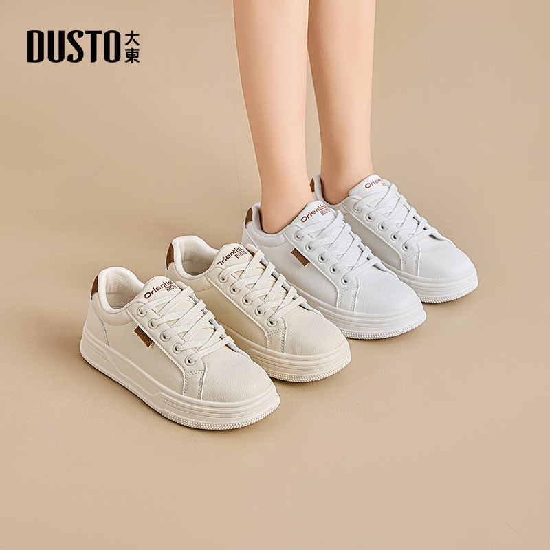 大东小白鞋平底低跟系带圆头女鞋