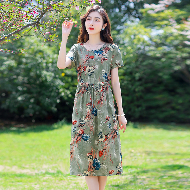 棉绸连衣裙夏装新款中年妈妈大码中老年女装时尚洋气裙子潮A字裙