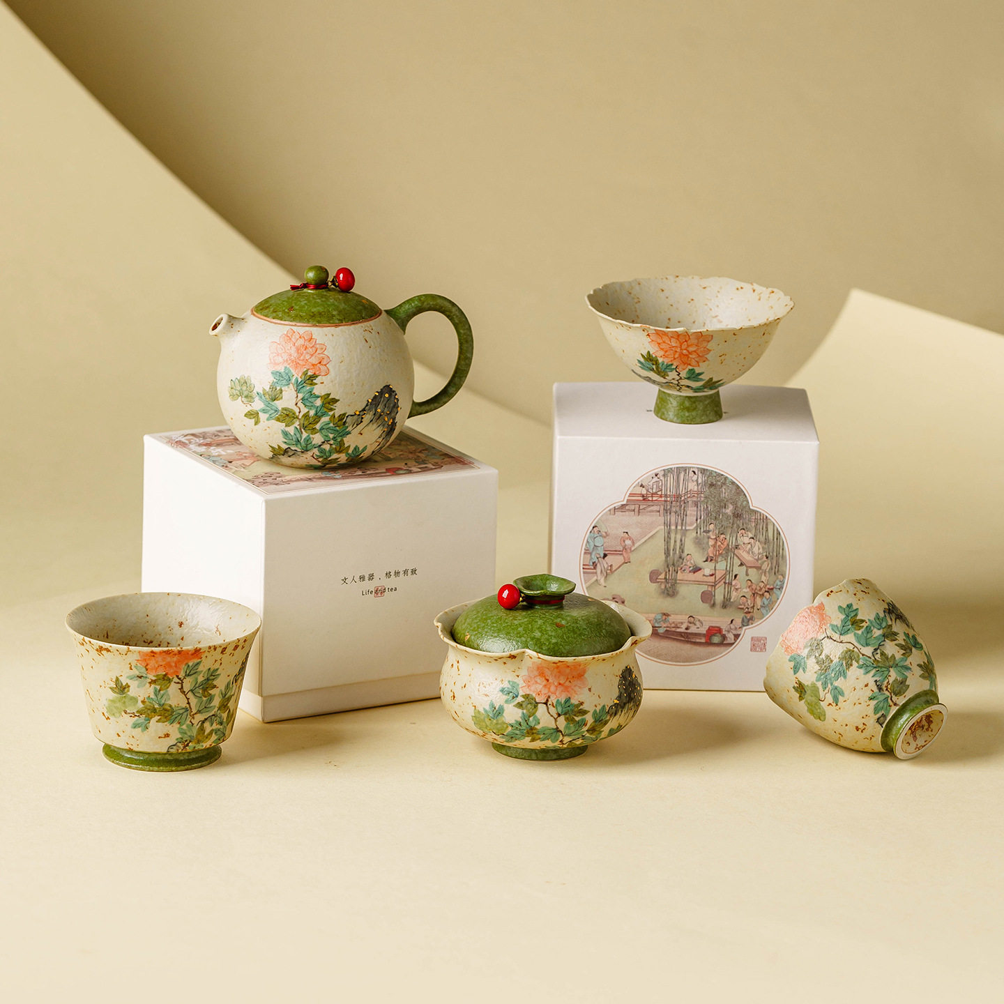 青花火石红喝茶杯套装陶瓷主人杯洒金清韵霞菊品茗杯高档功夫茶具