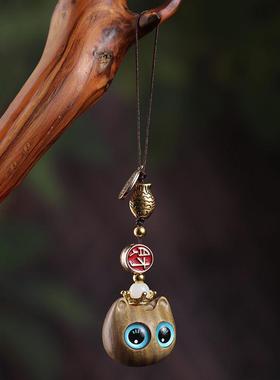 创意绿檀木雕猫香囊吊坠可打开手机链挂件嘎乌盒汽车钥匙扣男女