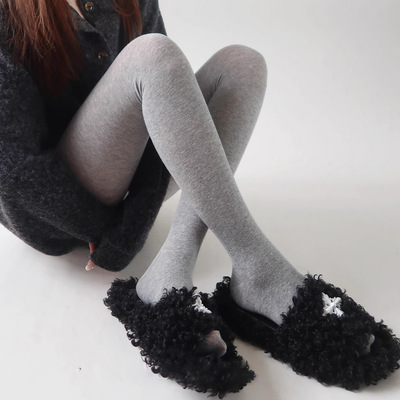 日本品质打底裤女秋季外穿加绒保暖灰色连裤袜精梳棉竖条纹紧身裤