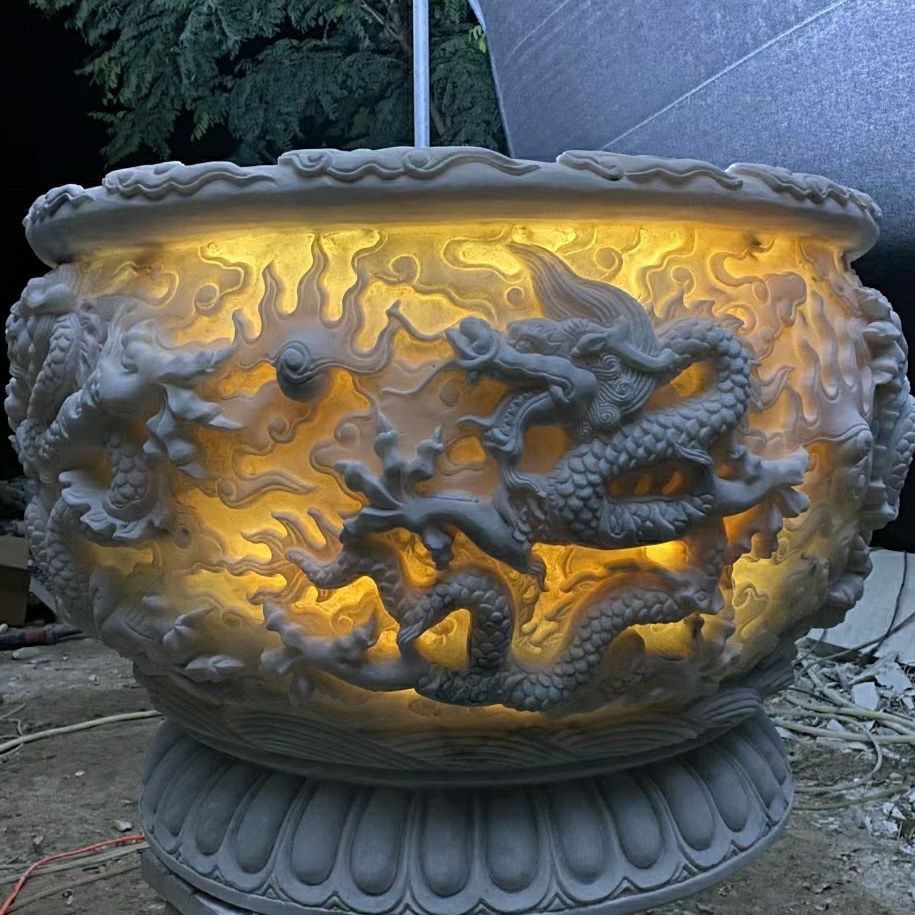 石雕龙缸汉白玉鱼缸圆形