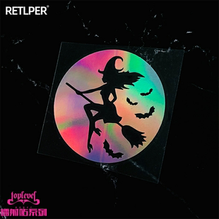TLP镭射车贴 女巫Witch巫婆美女骑扫把蝙蝠万圣节妖怪镭射幻彩贴