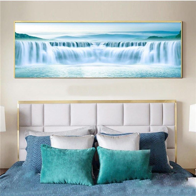 日照金山瀑布山水挂画流水生财沙发背景装饰框画T铝合金框晶瓷挂,家居饰品,现代装饰画,淘宝优惠券,粉丝福利购,淘宝优惠卷