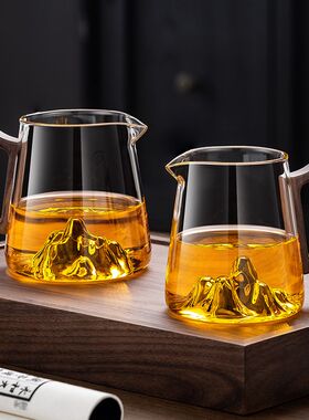 耐热玻璃公道杯月牙观山r胡桃木把加厚茶海公平杯分茶器不锈钢茶