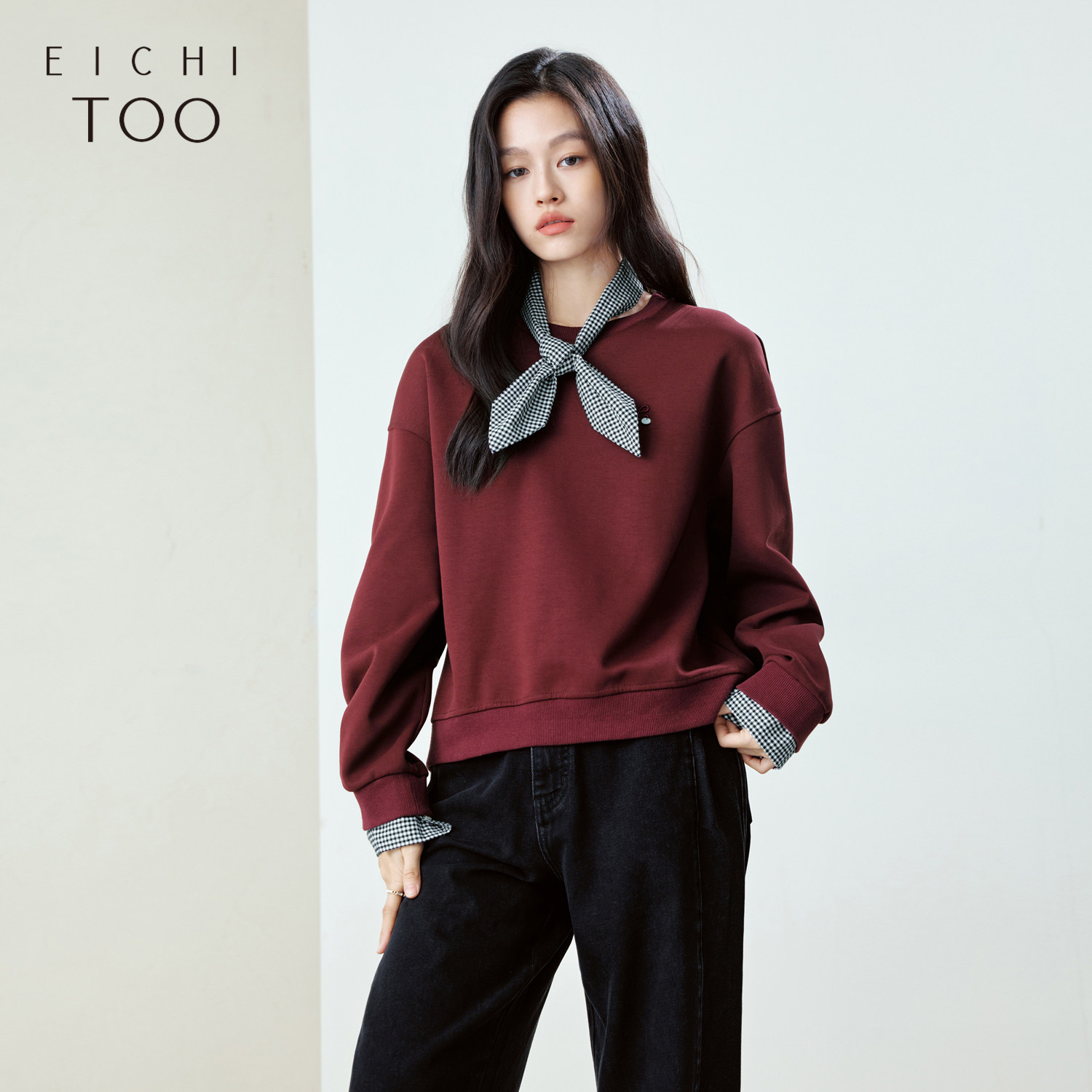 爱居兔拼接格纹简约卫衣女春季安可拉红减龄卫衣