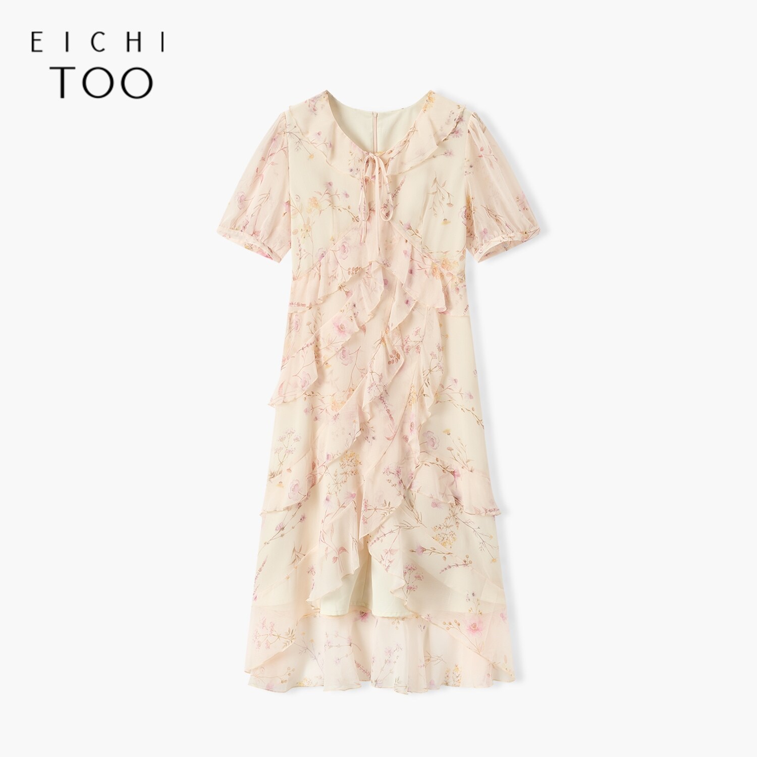 爱居兔夏季法式浪漫时尚粉色印花短袖连衣裙