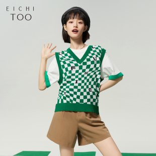 爱居兔秋季 上衣绿色变形格纹学院风休闲马甲 女装
