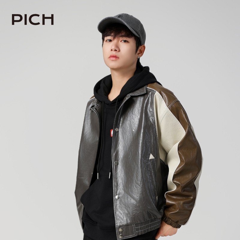PICH 拼接皮衣夹克复古痞帅男女同款高级感连帽pu皮秋冬季外套