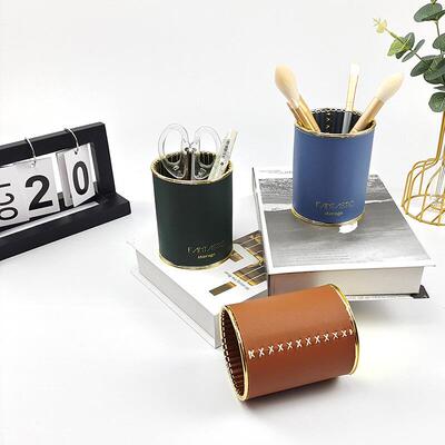 源头厂家金属皮革化妆刷收纳筒轻奢桌面文具笔筒遥控器杂物收纳盒