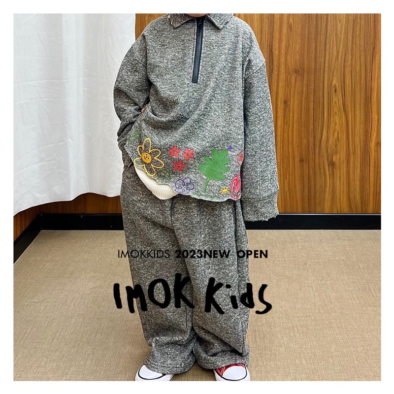 新品IMOK 韩国童装23男女童日系复古宽松翻Q领卫衣长裤运动套装两