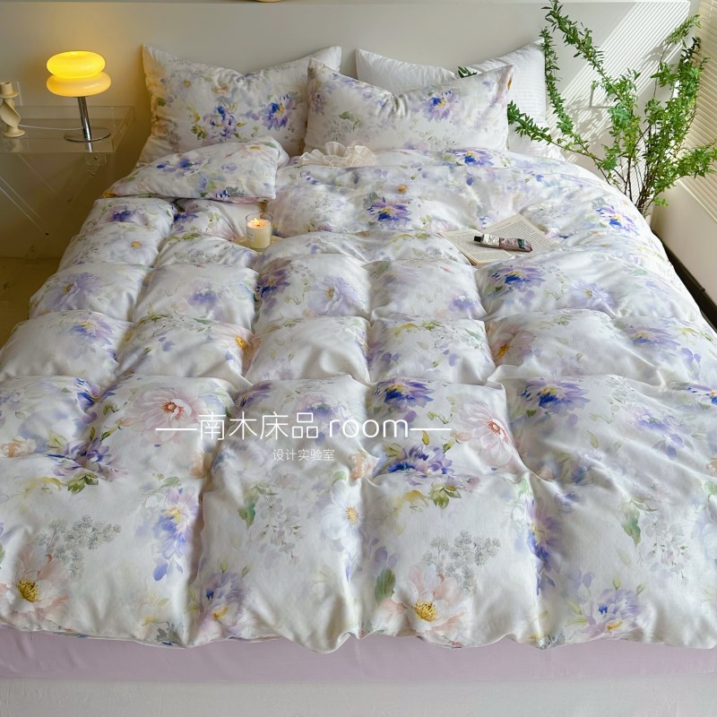 醉看墨花月白e新中式优雅花卉全棉双层纱四件套A类春夏软糯1.8笠
