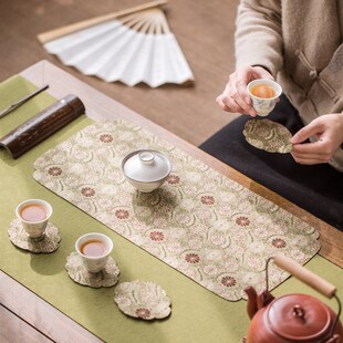 知舍卷草纹茶席茶垫中式s织锦工艺茶配复古茶道套组一席一承六杯
