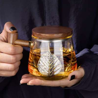 高硼硅玻璃木把三件杯家用办公茶水分离泡茶杯带盖观山茶水分离杯