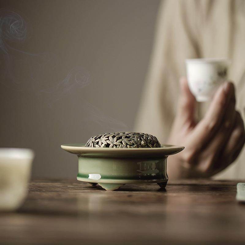 越窑梅子青瓷香炉带铜盖家用室内创意盘香檀香线香插香道驱摆件,餐饮具,茶道/香炉,淘宝优惠券,粉丝福利购,淘宝优惠卷