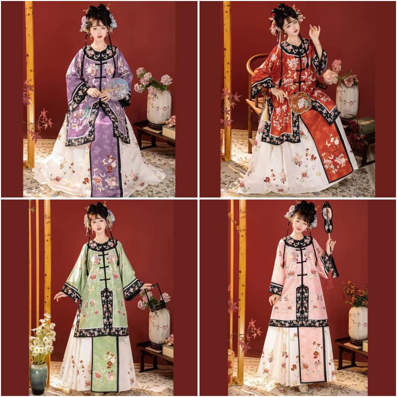 新款清汉女格格服对襟复原圆领古董民族服装重工印花马面清朝秋款