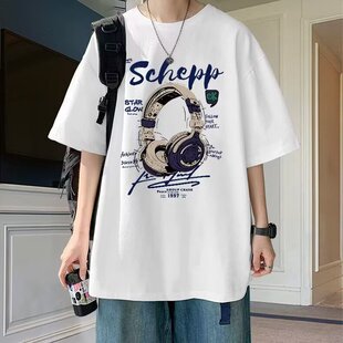 潮牌t恤男青少年夏季纯棉宽松五分半袖初高中学生酷帅气短袖上衣