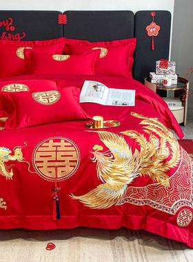 高档凤房婚庆四件套大红龙色刺绣被套结婚床上用品陪嫁ZJF33268婚