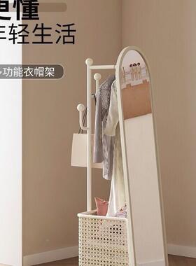 奶油风全身镜落地旋转衣穿衣镜挂衣架衣帽KXK架镜一体子卧镜室试