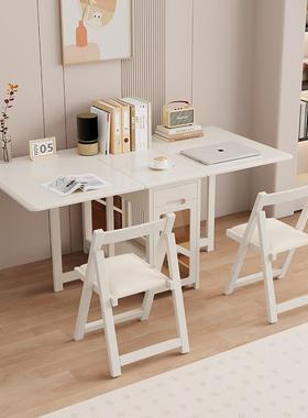 6R奶油风实木餐桌家用小户功型F77TM8H9可叠移动多折能隐形白色收