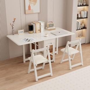 6R奶油风实木餐桌家用小户功型F77TM8H9可叠移动多折能隐形白色收