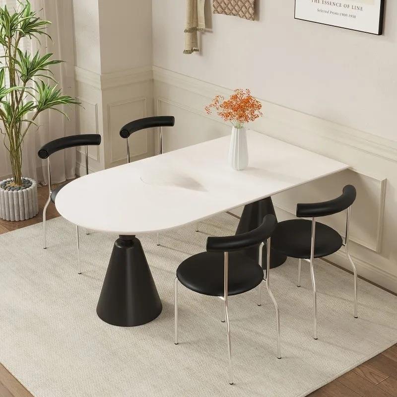 轻奢现代简约户小家用圆形椭吃饭HI桌子法式型奶油风岩板餐桌椅组