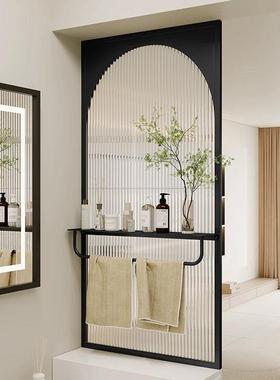 湿奶油风卫间半墙水璃波纹玻隔断轻奢屏JCG风干区洗手台毛巾置物