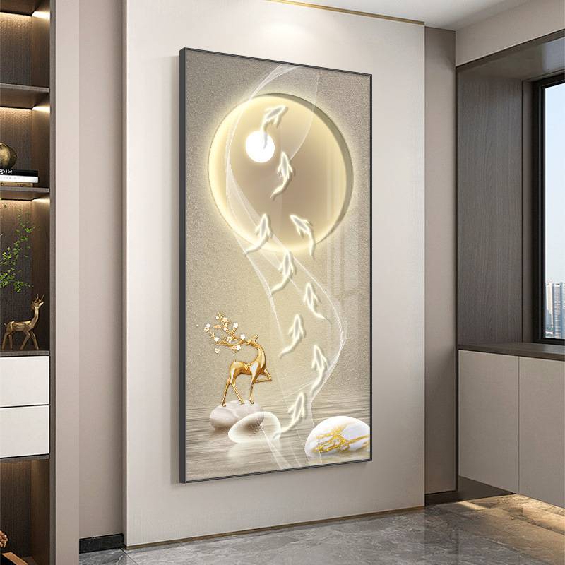福鹿进门玄关装饰画现代轻奢走廊过道挂画寓意好入户客厅竖版壁画图片