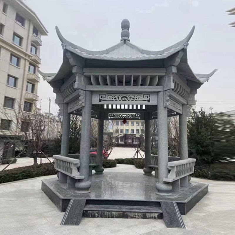 晚霞红花岗岩中式六角凉亭雕塑