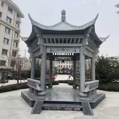 晚霞红花岗岩中式六角凉亭雕塑