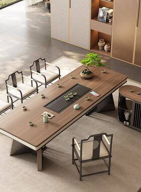 2025纹年新款木岩板大板台茶桌组合PCH椅一桌五椅茶办公室一体