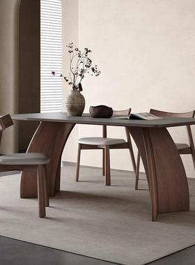 实木板桌现代简ALE约胡桃色用饭桌家意式极岩简灰色餐长方形岩板