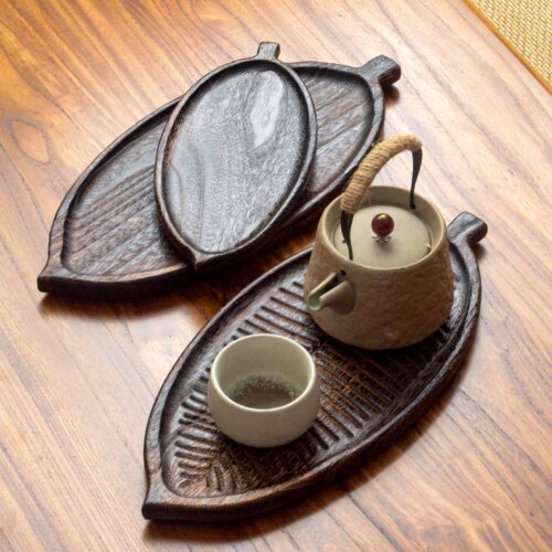 中式复古茶叶形实木茶盘创意托盘