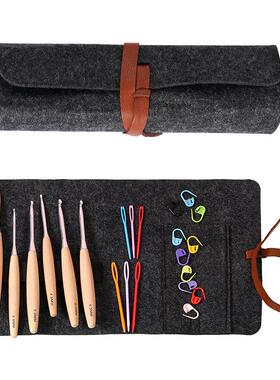 新wm0182款7木柄钩针套套装新手便支携式织工具编卷包收纳钩针装