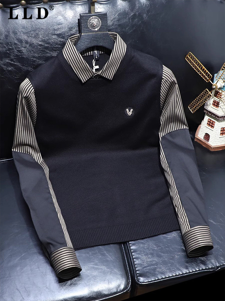 高端毛衣男秋冬季新款修身假两件针织衫男士衬衫领休闲条纹打底衫,男装,针织衫/毛衣,淘宝优惠券,粉丝福利购,淘宝优惠卷