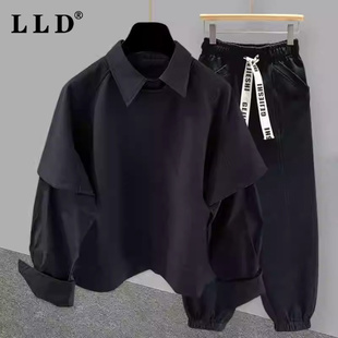 长裤 假两件卫衣套装 拼接宽松运动休闲衬衫 新款 两件套 男202秋冬季