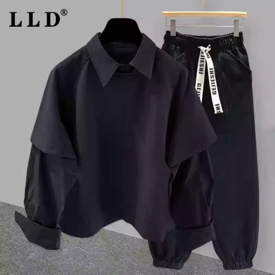 假两件卫衣套装男202秋冬季新款拼接宽松运动休闲衬衫长裤两件套