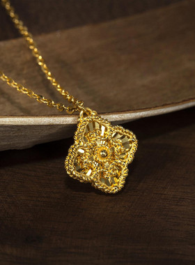 四合如意项链 女纯银镀18K黄金色四叶草镭射爆闪锁骨链时尚百搭潮