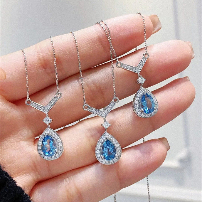 约瑟芬水滴海蓝宝项链 女纯银V型仿真钻白金色锁骨链高级送女友潮